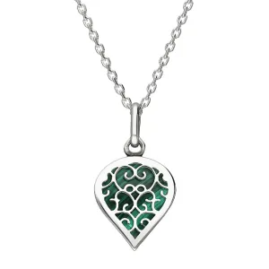 9ct White Gold Malachite Flore Filigree Small Heart Necklace