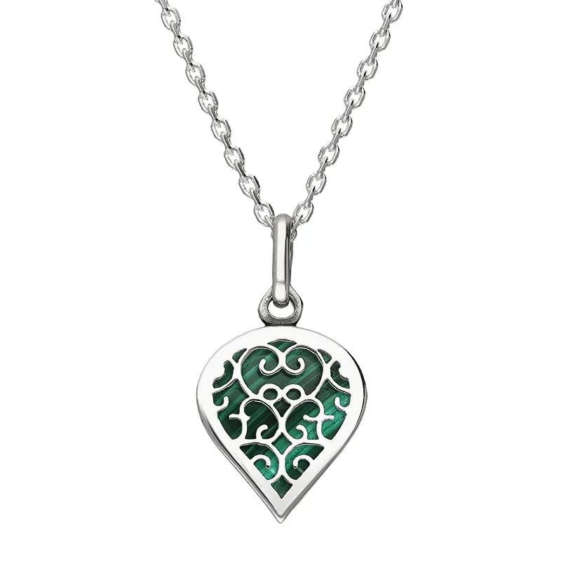 9ct White Gold Malachite Flore Filigree Small Heart Necklace