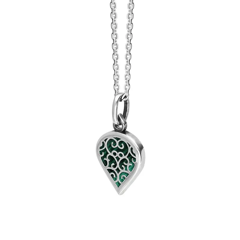9ct White Gold Malachite Flore Filigree Small Heart Necklace