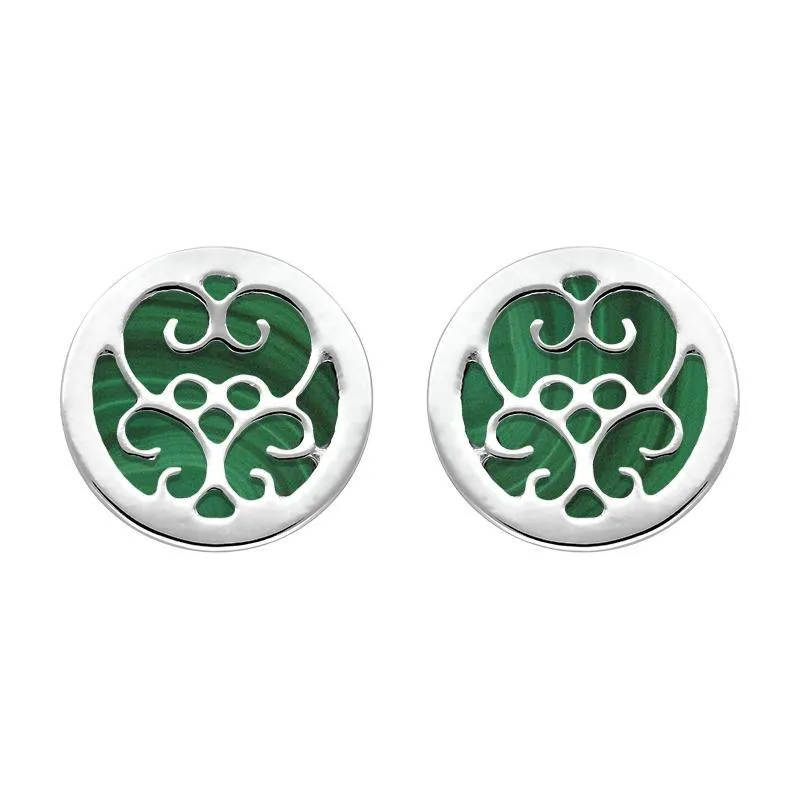 9ct White Gold Malachite Flore Filigree Stud Earrings