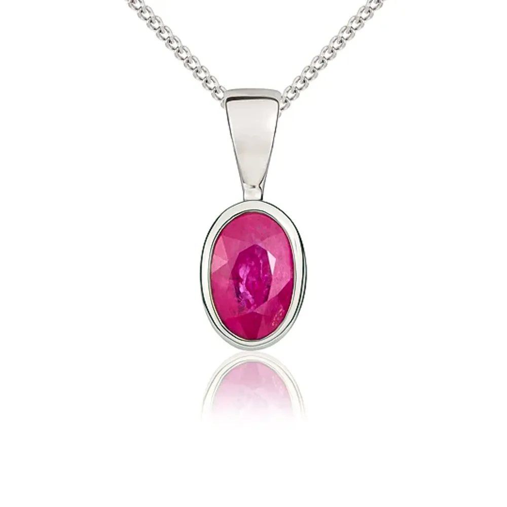9ct White Gold Ruby 6x4mm Oval Rub Over Set Pendant