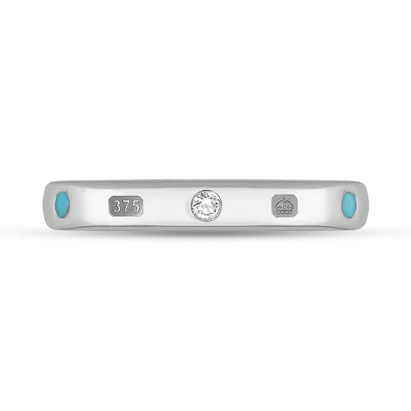 9ct White Gold Turquoise 0.06ct Diamond Queen's Jubilee Hallmark 3mm Ring D