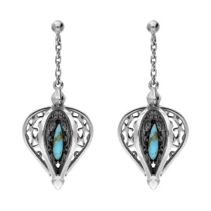 9ct White Gold Turquoise Flore Filigree Drop Earrings