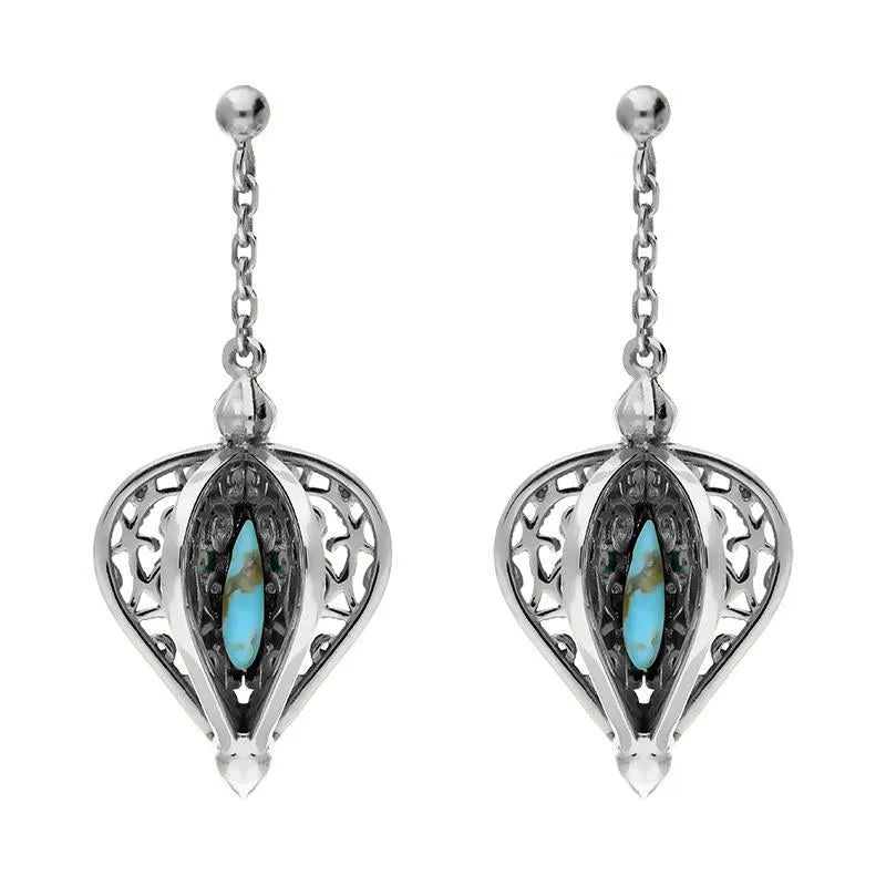 9ct White Gold Turquoise Flore Filigree Drop Earrings