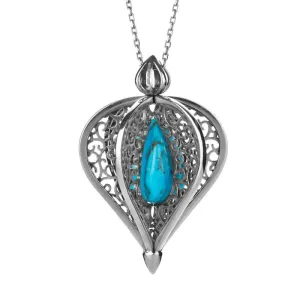 9ct White Gold Turquoise Flore Filigree Droplet Necklace