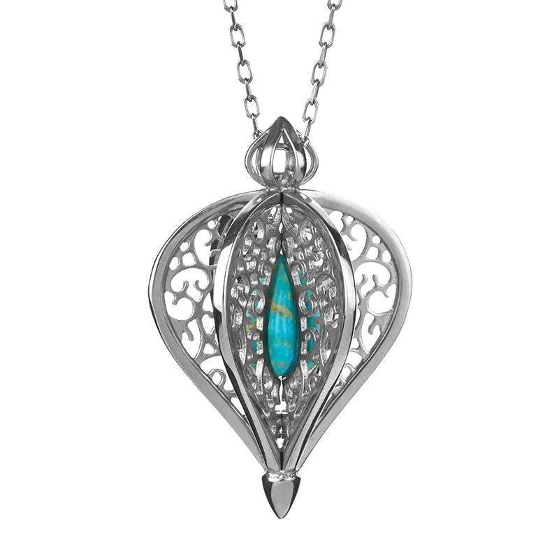 9ct White Gold Turquoise Flore Filigree Small Necklace
