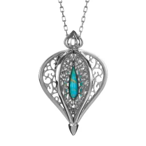 9ct White Gold Turquoise Flore Filigree Small Necklace