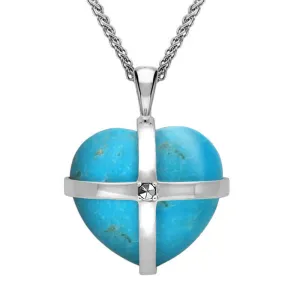 9ct White Gold Turquoise Marcasite Medium Cross Heart Necklace
