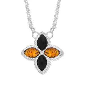 9ct White Gold Whitby Jet And Amber Eden Small Marquise Flower Necklace