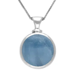 9ct White Gold Whitby Jet Aquamarine Double Sided Round Dinky Fob Necklace