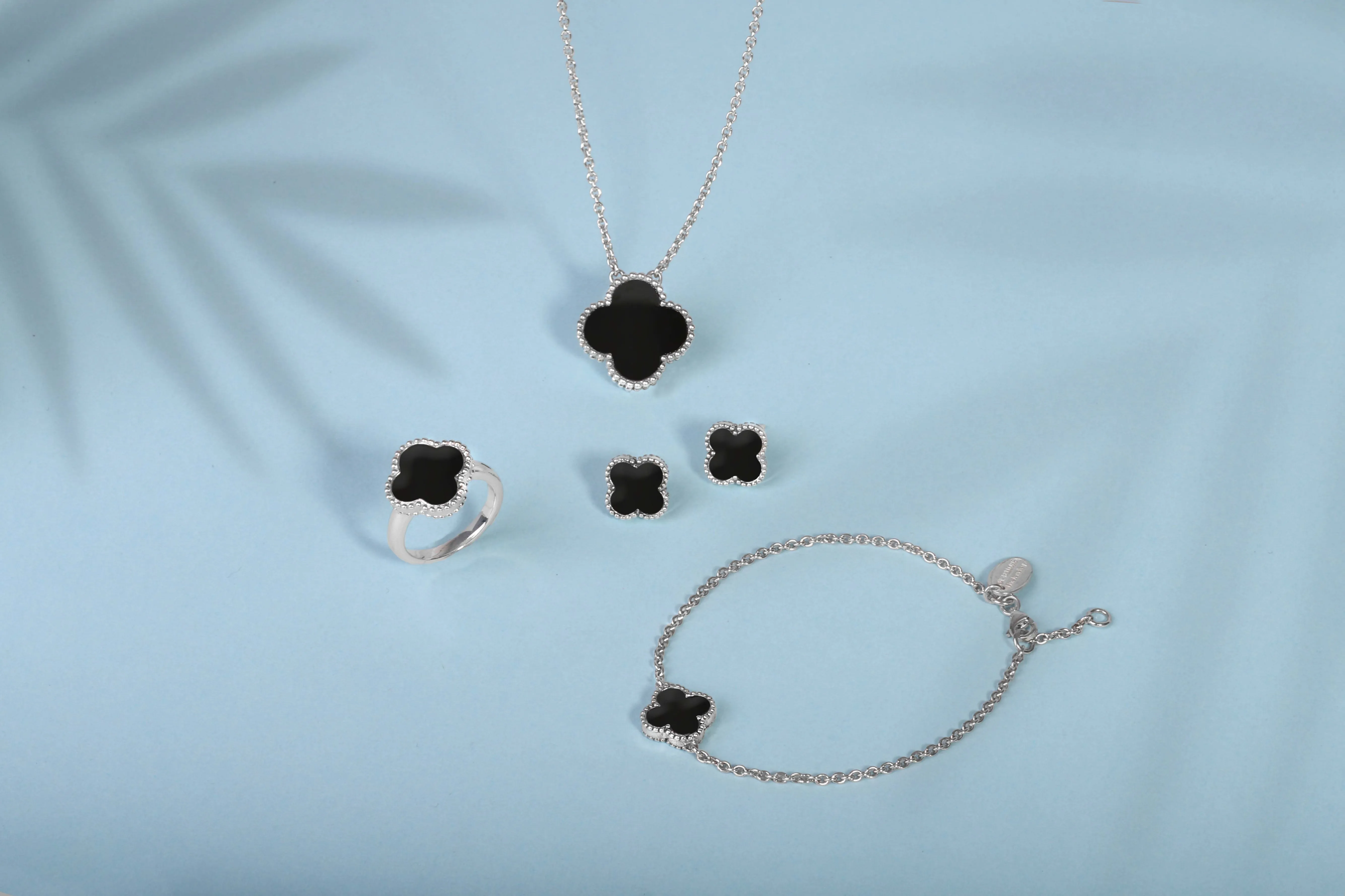 9ct White Gold Whitby Jet Bloom Four Leaf Clover Ball Edge Stud Earrings