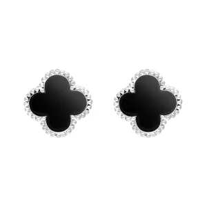 9ct White Gold Whitby Jet Bloom Four Leaf Clover Ball Edge Stud Earrings