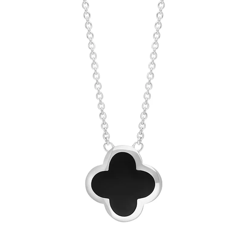 9ct White Gold Whitby Jet Bloom Large Four Leaf Clover Polished Edge Pendant