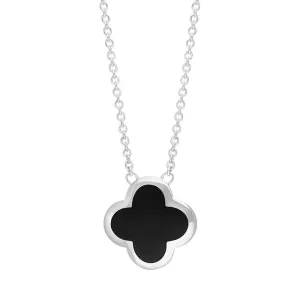 9ct White Gold Whitby Jet Bloom Large Four Leaf Clover Polished Edge Pendant