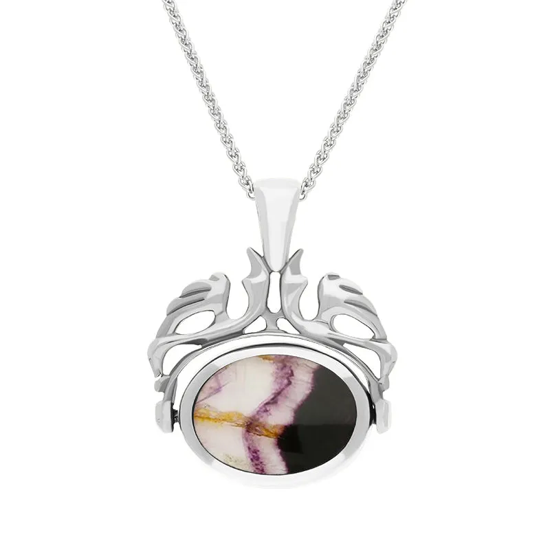 9ct White Gold Whitby Jet Blue John Double Sided Oval Swivel Fob Necklace