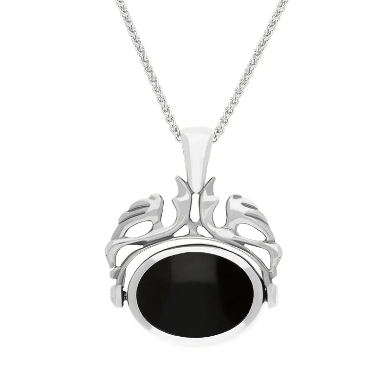 9ct White Gold Whitby Jet Blue John Double Sided Oval Swivel Fob Necklace