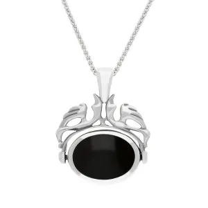 9ct White Gold Whitby Jet Blue John Double Sided Oval Swivel Fob Necklace