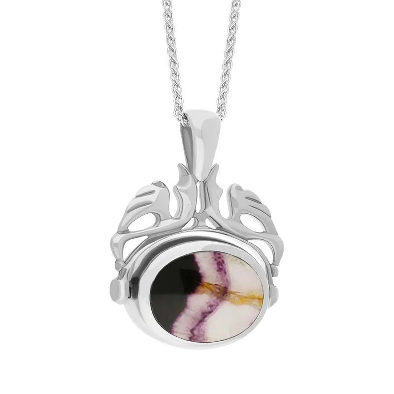 9ct White Gold Whitby Jet Blue John Double Sided Oval Swivel Fob Necklace