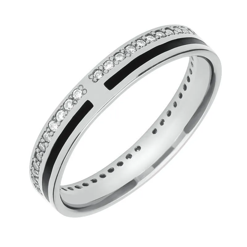 9ct White Gold Whitby Jet Diamond Inlaid Wedding Band Ring