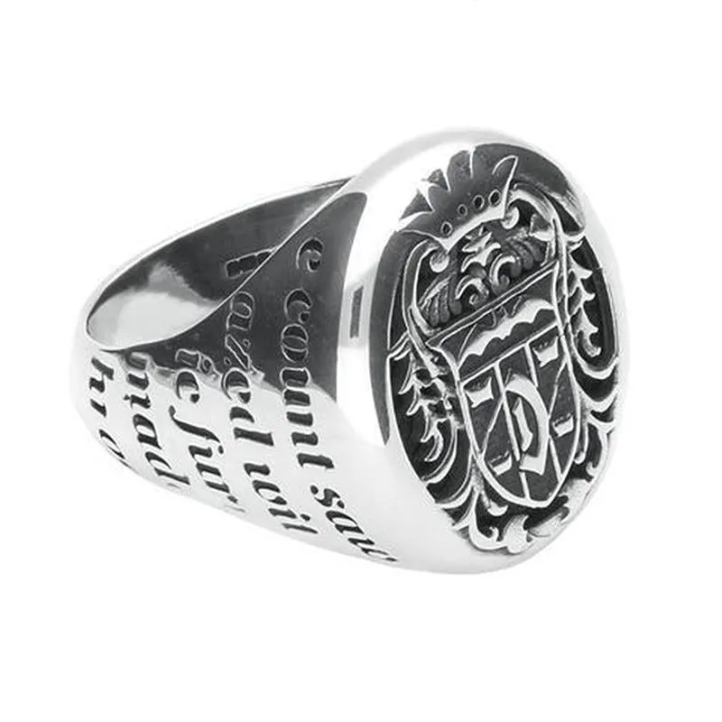 9ct White Gold Whitby Jet Dracula Crest Replica Signet Ring