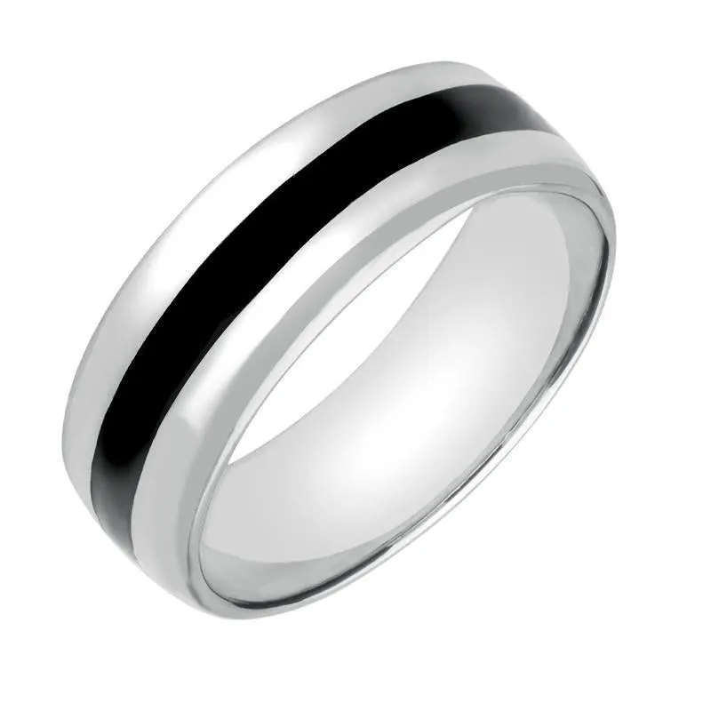 9ct White Gold Whitby Jet Inlaid Wide Wedding Band Ring
