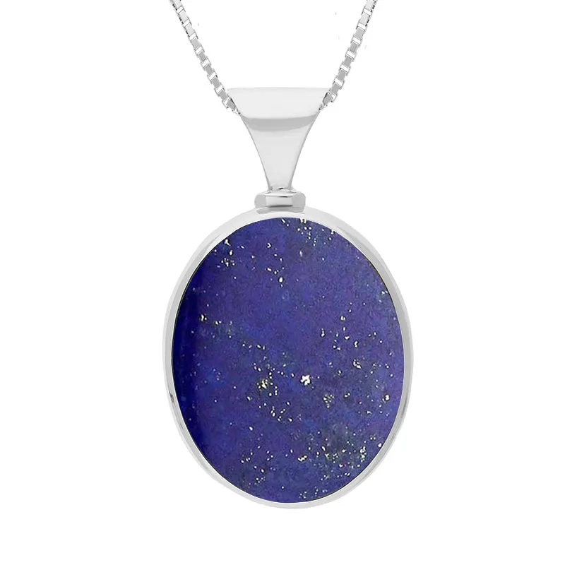 9ct White Gold Whitby Jet Lapis King's Coronation Hallmark Double Sided Oval Necklace D