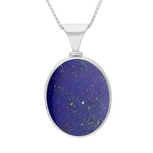9ct White Gold Whitby Jet Lapis King's Coronation Hallmark Double Sided Oval Necklace D