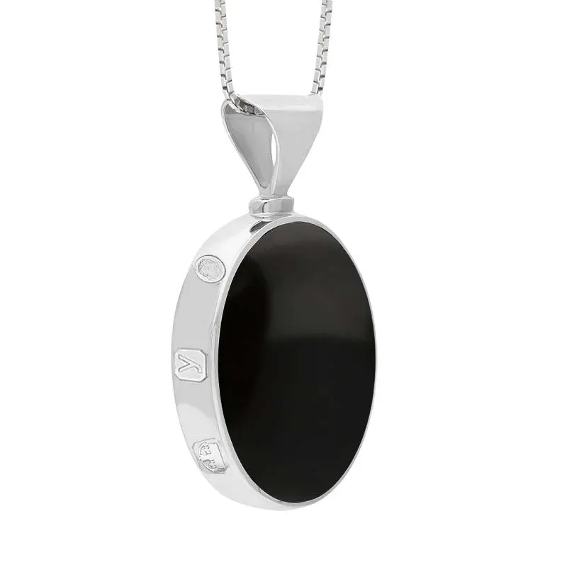 9ct White Gold Whitby Jet Lapis King's Coronation Hallmark Double Sided Oval Necklace D