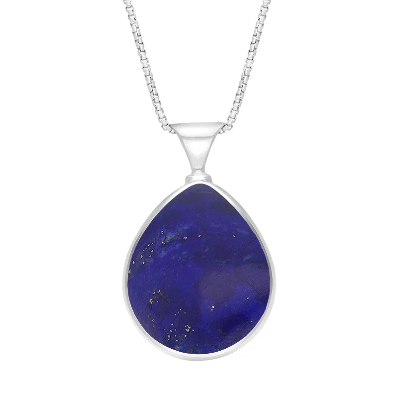9ct White Gold Whitby Jet Lapis King's Coronation Hallmark Double Sided Pear-shaped Necklace D