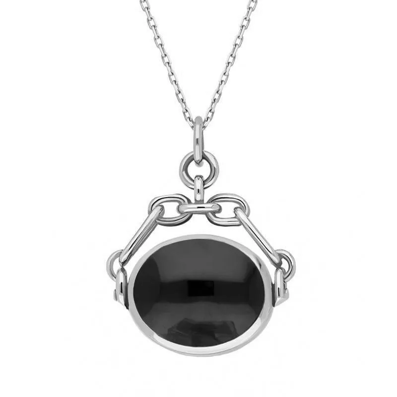 9ct White Gold Whitby Jet Lapis Lazuli Double Sided Swivel Fob Necklace