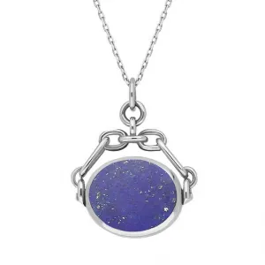 9ct White Gold Whitby Jet Lapis Lazuli Double Sided Swivel Fob Necklace