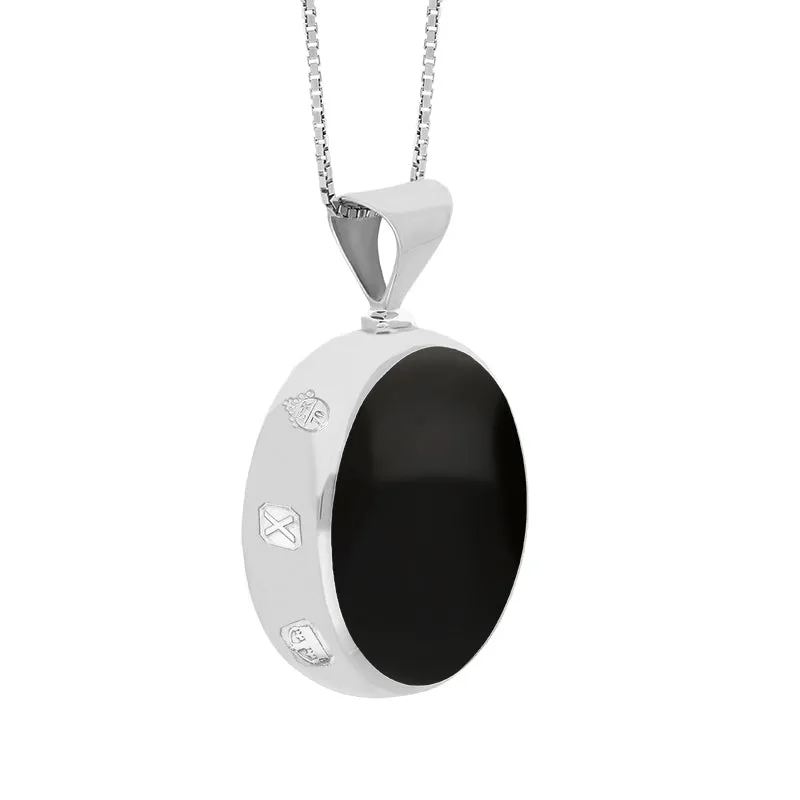 9ct White Gold Whitby Jet Lapis Lazuli Queens Jubilee Hallmark Double Sided Round Necklace D
