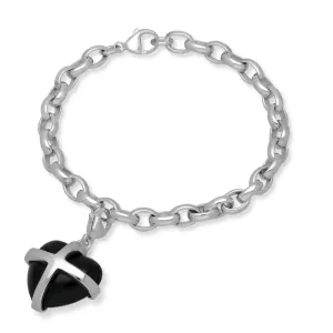 9ct White Gold Whitby Jet Large Cross Heart Charm Bracelet