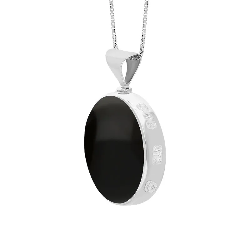 9ct White Gold Whitby Jet Malachite King's Coronation Hallmark Double Sided Round Necklace D