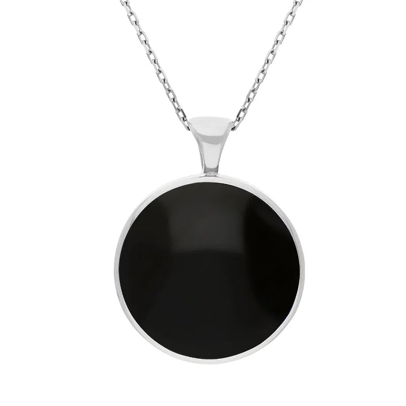 9ct White Gold Whitby Jet Malachite Large Double Sided Round Fob Necklace