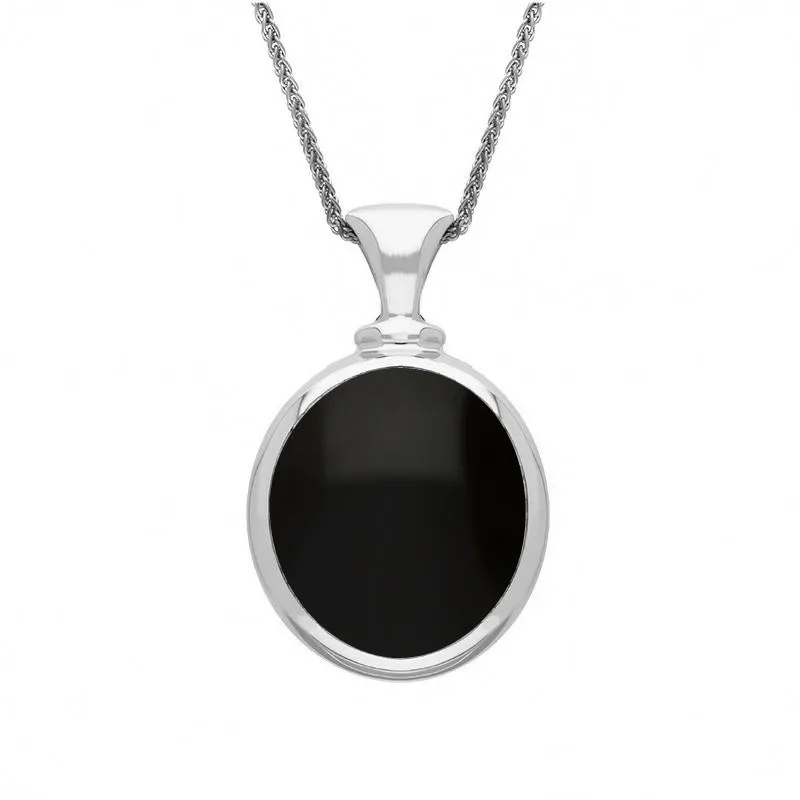 9ct White Gold Whitby Jet Malachite Small Double Sided Oval Fob Necklace