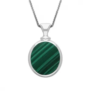 9ct White Gold Whitby Jet Malachite Small Double Sided Oval Fob Necklace