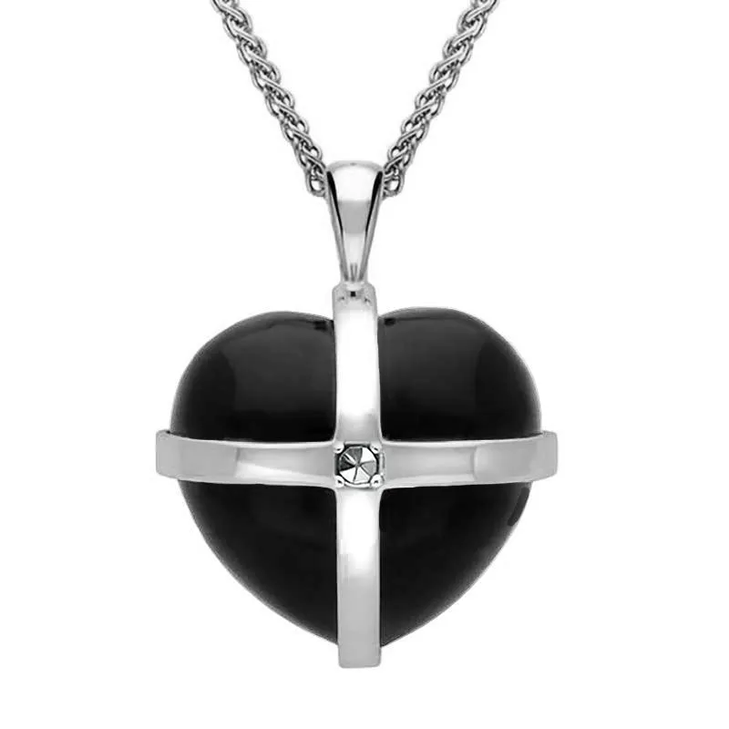 9ct White Gold Whitby Jet Marcasite Medium Cross Heart Necklace
