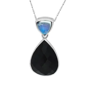 9ct White Gold Whitby Jet Moonstone Faceted Pear Drop Necklace D
