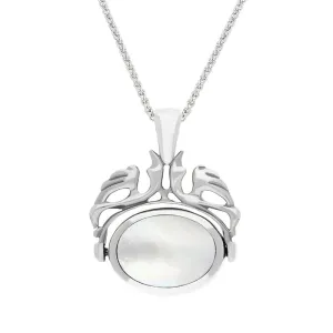 9ct White Gold Whitby Jet Mother Of Pearl Double Sided Oval Swivel Fob Necklace