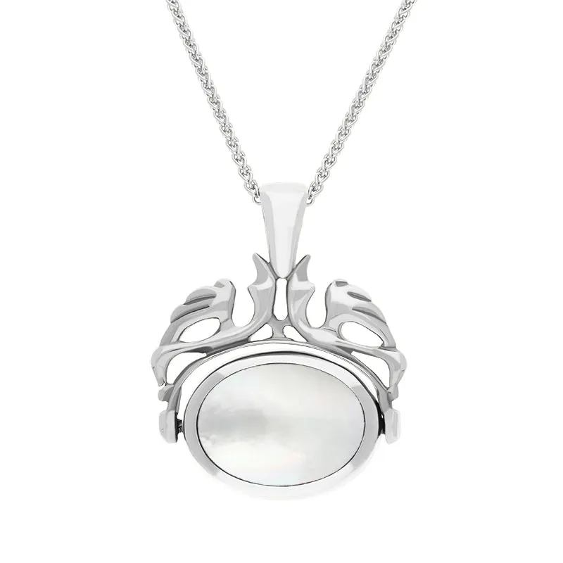 9ct White Gold Whitby Jet Mother Of Pearl Double Sided Oval Swivel Fob Necklace