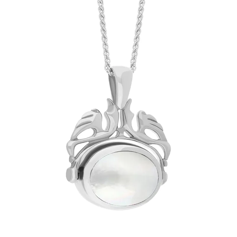 9ct White Gold Whitby Jet Mother Of Pearl Double Sided Oval Swivel Fob Necklace