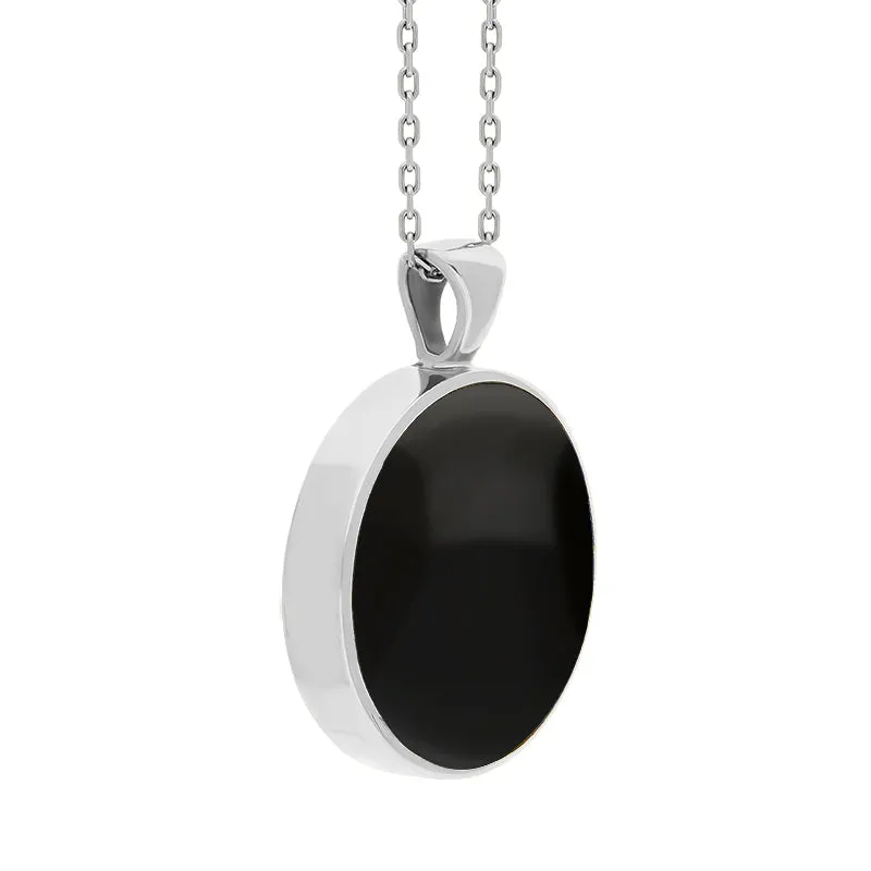 9ct White Gold Whitby Jet Mother Of Pearl Large Double Sided Round Fob Necklace