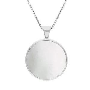 9ct White Gold Whitby Jet Mother Of Pearl Large Double Sided Round Fob Necklace