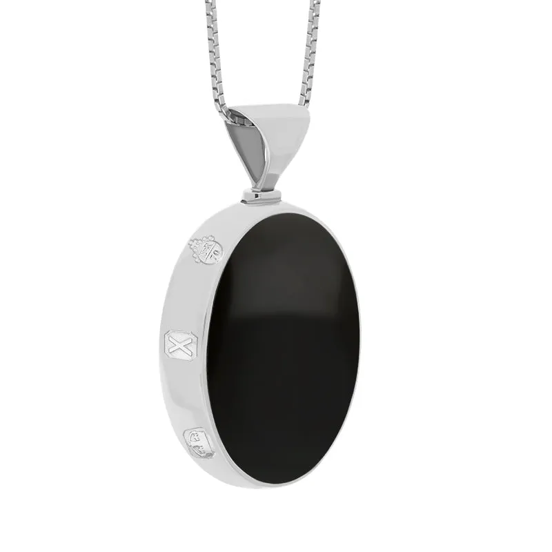 9ct White Gold Whitby Jet Mother of Pearl Queens Jubilee Hallmark Double Sided Oval Necklace D