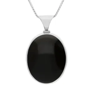 9ct White Gold Whitby Jet Mother of Pearl Queens Jubilee Hallmark Double Sided Oval Necklace D