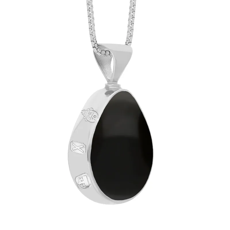 9ct White Gold Whitby Jet Mother of Pearl Queens Jubilee Hallmark Double Sided Pear-shaped Necklace D