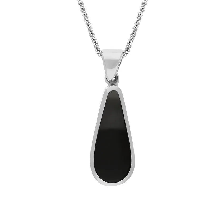 9ct White Gold Whitby Jet Mother Of Pearl Small Double Sided Pear Cut Fob Necklace