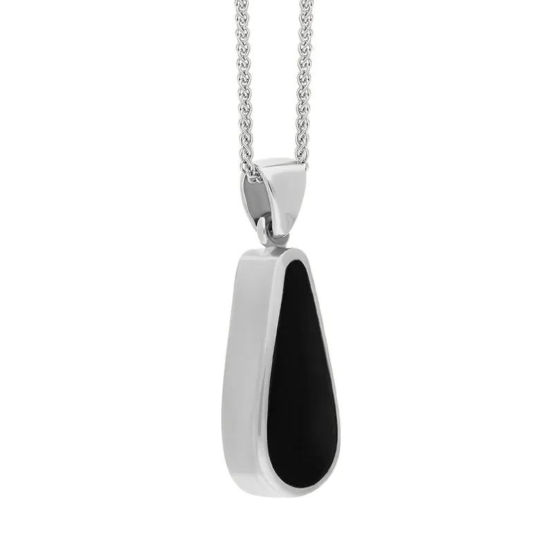9ct White Gold Whitby Jet Mother Of Pearl Small Double Sided Pear Cut Fob Necklace
