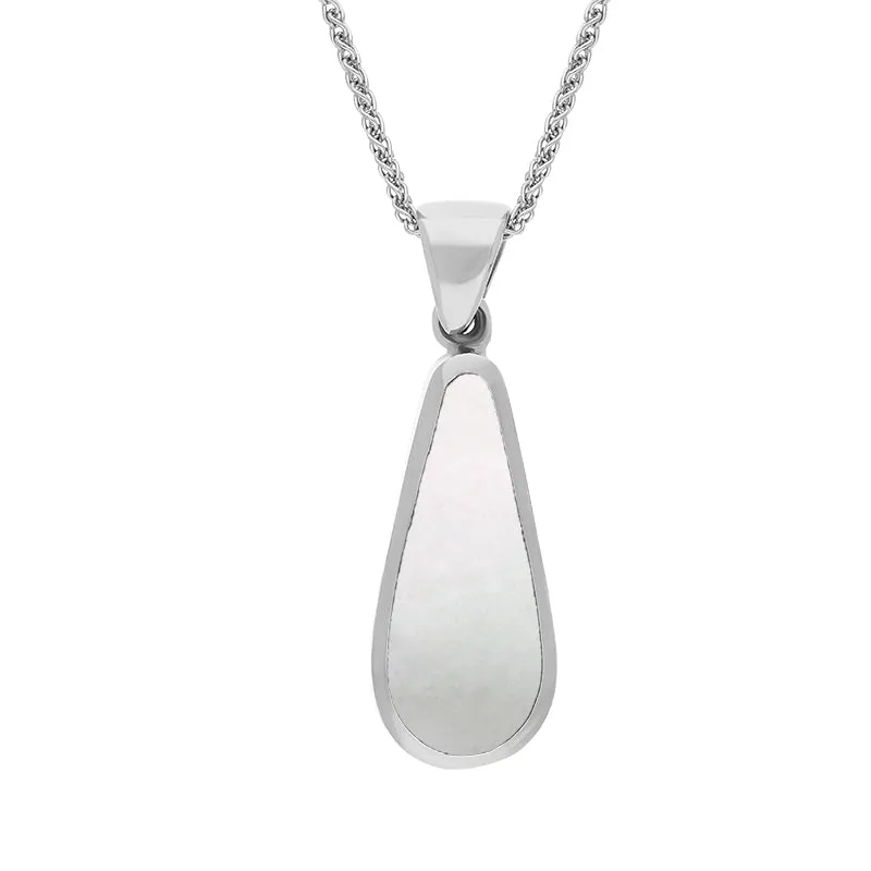 9ct White Gold Whitby Jet Mother Of Pearl Small Double Sided Pear Cut Fob Necklace